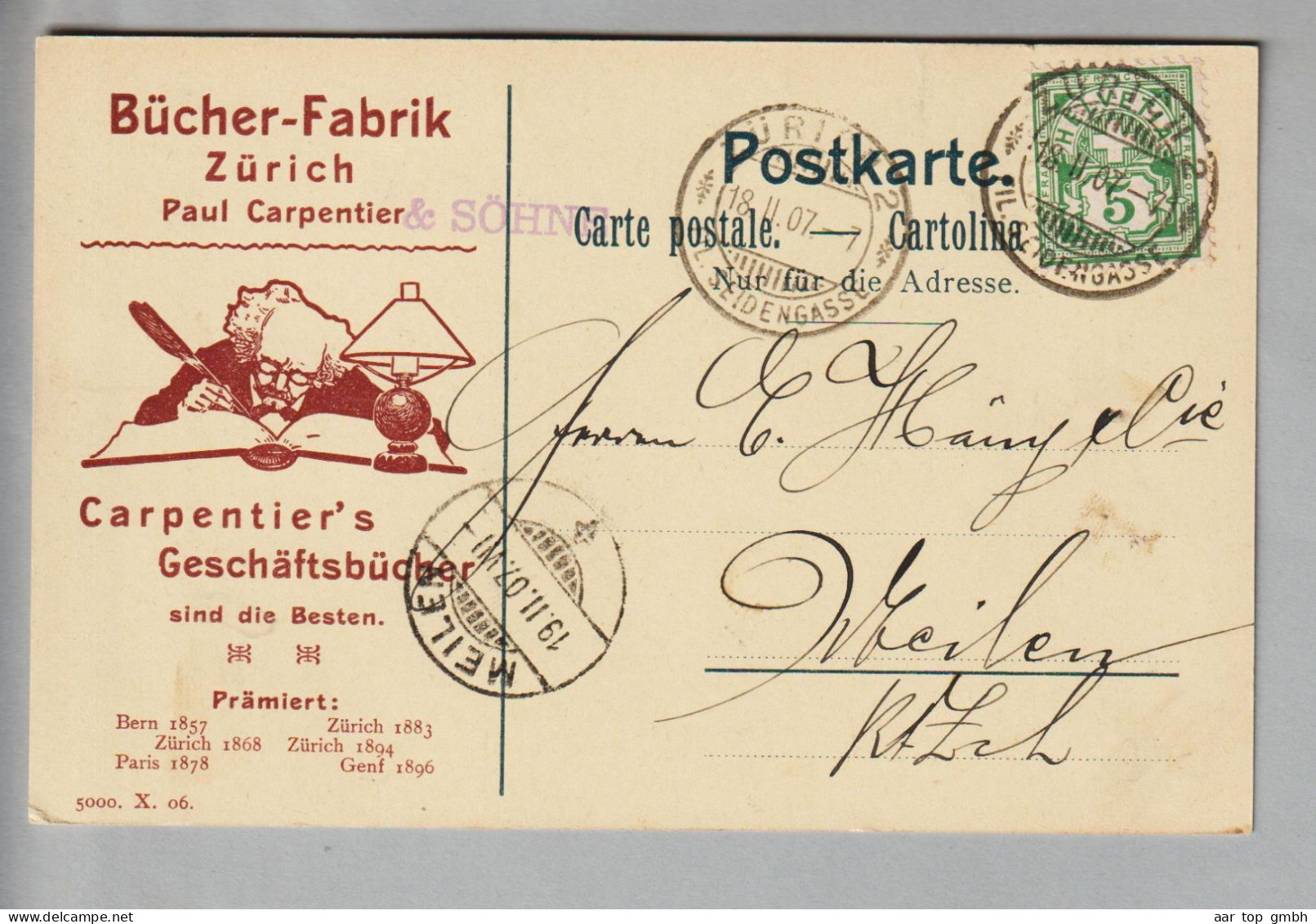 Schweiz Wertziffer 1907-02-18 Zürich Illustrierte Postkarte Nach Meilen "Bücher-Fabrik" - Brieven En Documenten