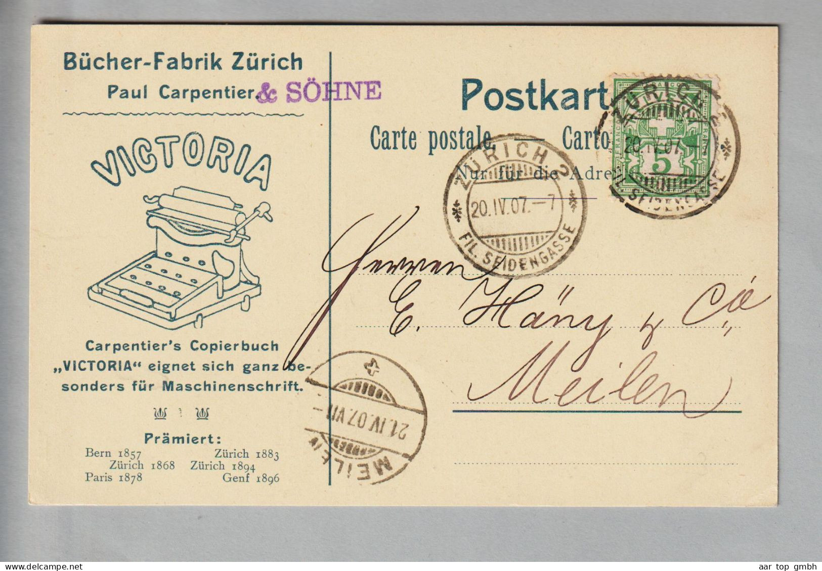 Schweiz Wertziffer 1907-04-20 Zürich2 Illustrierte Postkarte Nach Meilen "Bücher-Fabrik" " Victoria" - Brieven En Documenten