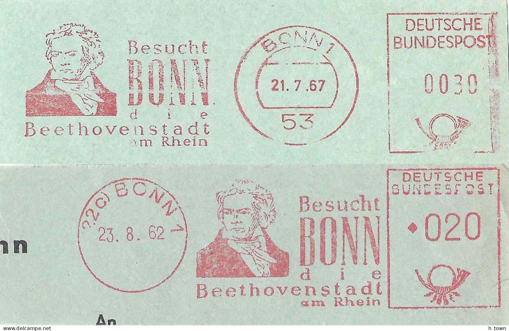 414  Ludwig Van Beethoven: 2 Ema D'Allemagne, 1962/67 - Beethoven Meter Stamps From Bonn, Germany - Music