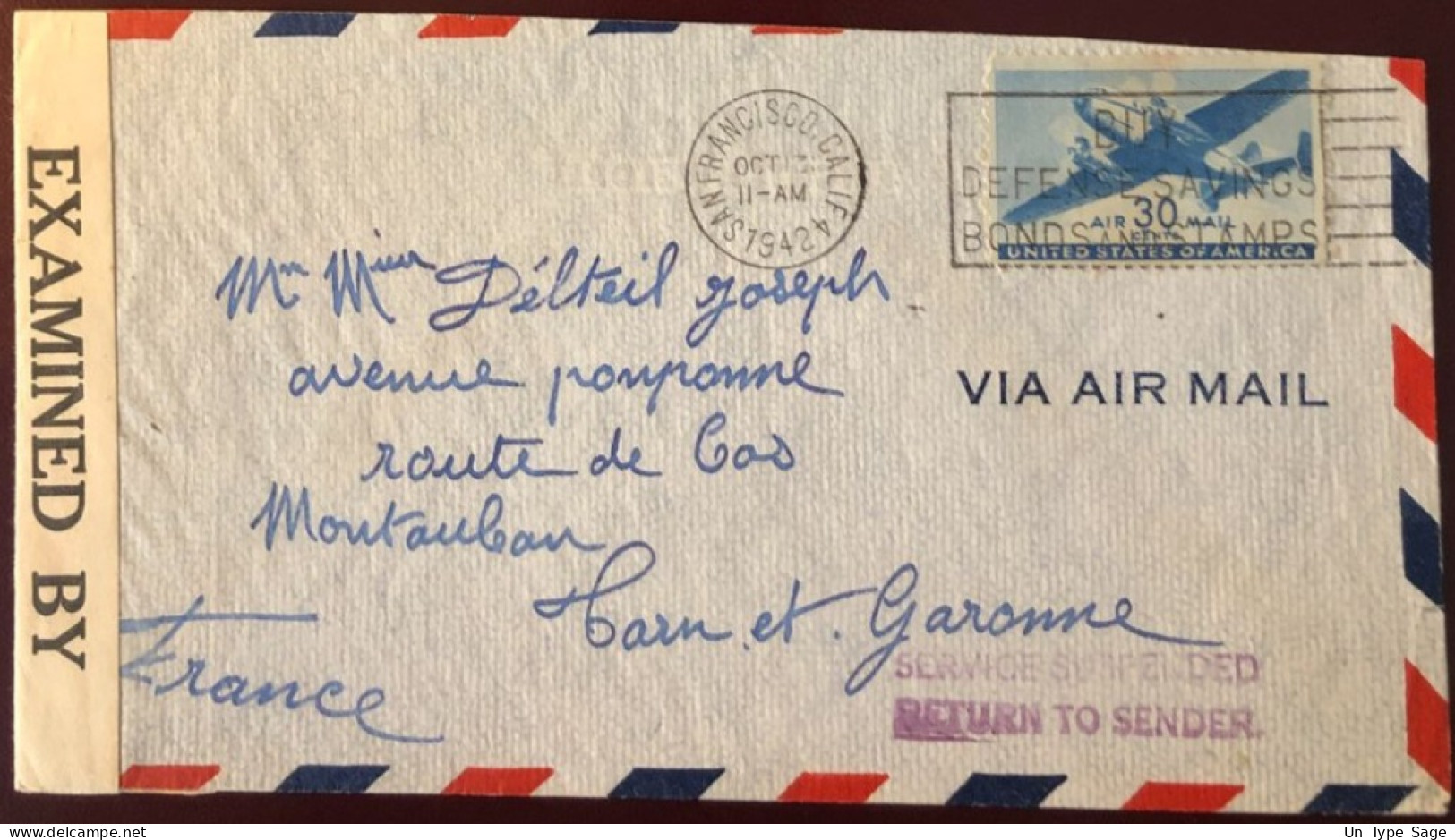 Etats-Unis, Griffe SERVICE SUSPENDED / RETURN TO SENDER Sur Enveloppe Censurée Pour La France 1942 - (B1347) - Marcophilie