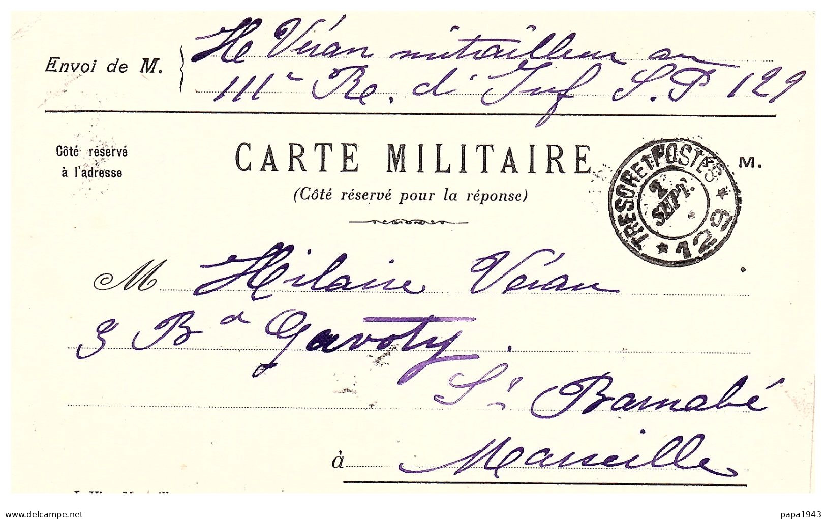1915  CP  CARTE MILITAIRE  S P 129 De VERAN Mitrailleur III° Regiment D' Infanterie - Brieven En Documenten