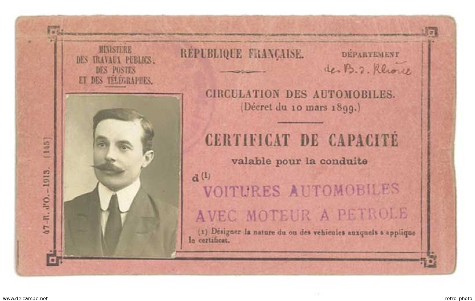 Certificat De Capacité Pour Voitures Automobiles Avec Moteur à Pétrole ( Permis De Conduire, Marseille 1914 ) - Non Classés