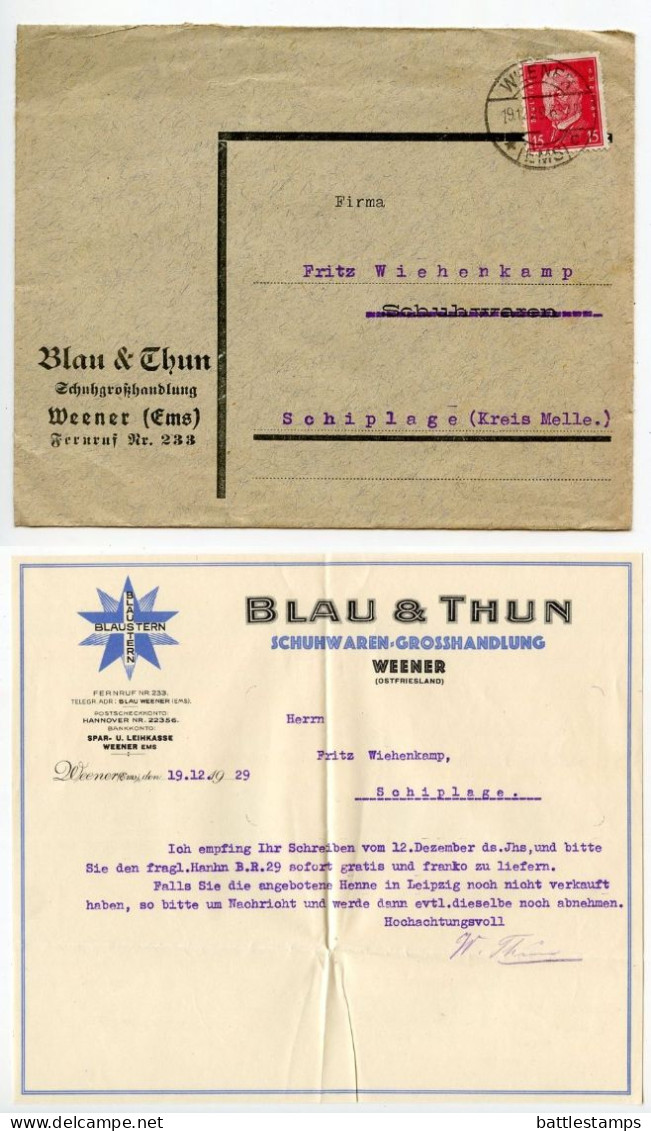 Germany 1929 Cover W/ Letter; Weener (Ems) - Blau & Thun, Schuhwaren-Grosshandlung; 15pf. President Hindenburg - Storia Postale