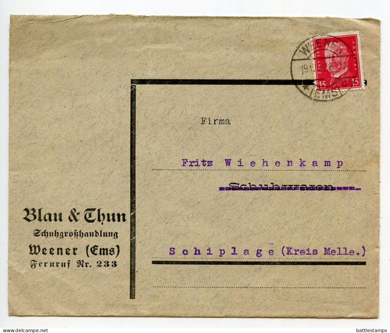 Germany 1929 Cover W/ Letter; Weener (Ems) - Blau & Thun, Schuhwaren-Grosshandlung; 15pf. President Hindenburg - Storia Postale