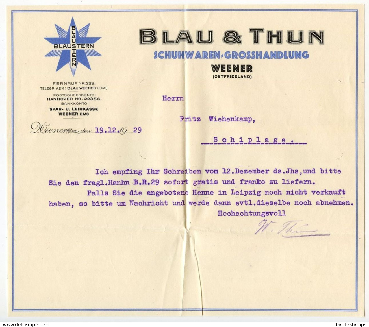 Germany 1929 Cover W/ Letter; Weener (Ems) - Blau & Thun, Schuhwaren-Grosshandlung; 15pf. President Hindenburg - Storia Postale