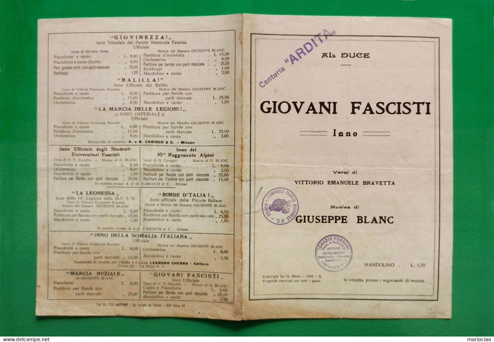 D-IT PNF 1932 Spartito Musicale Inno Al Duce Giovani Fascisti - Documentos Históricos