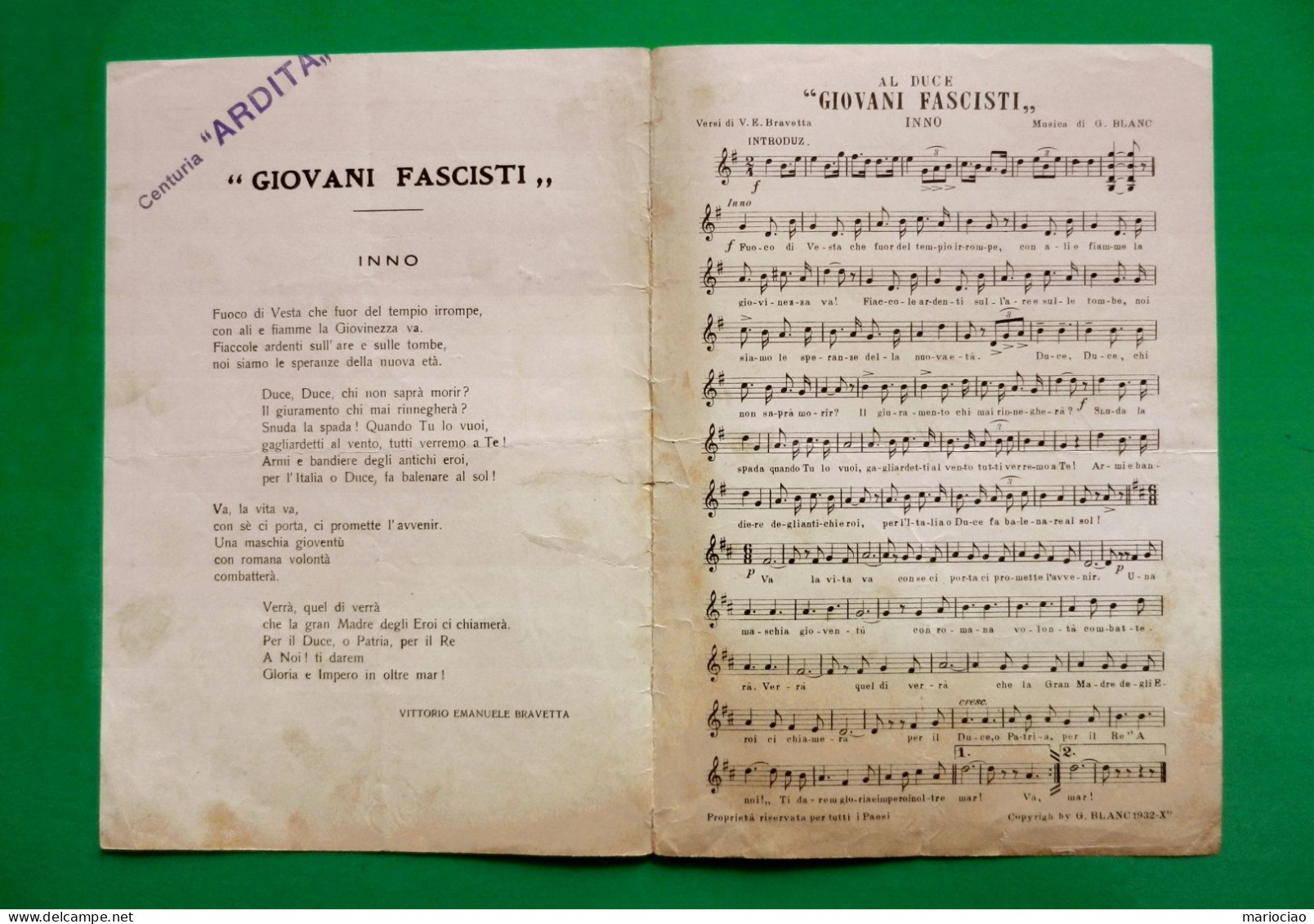 D-IT PNF 1932 Spartito Musicale Inno Al Duce Giovani Fascisti - Historische Dokumente