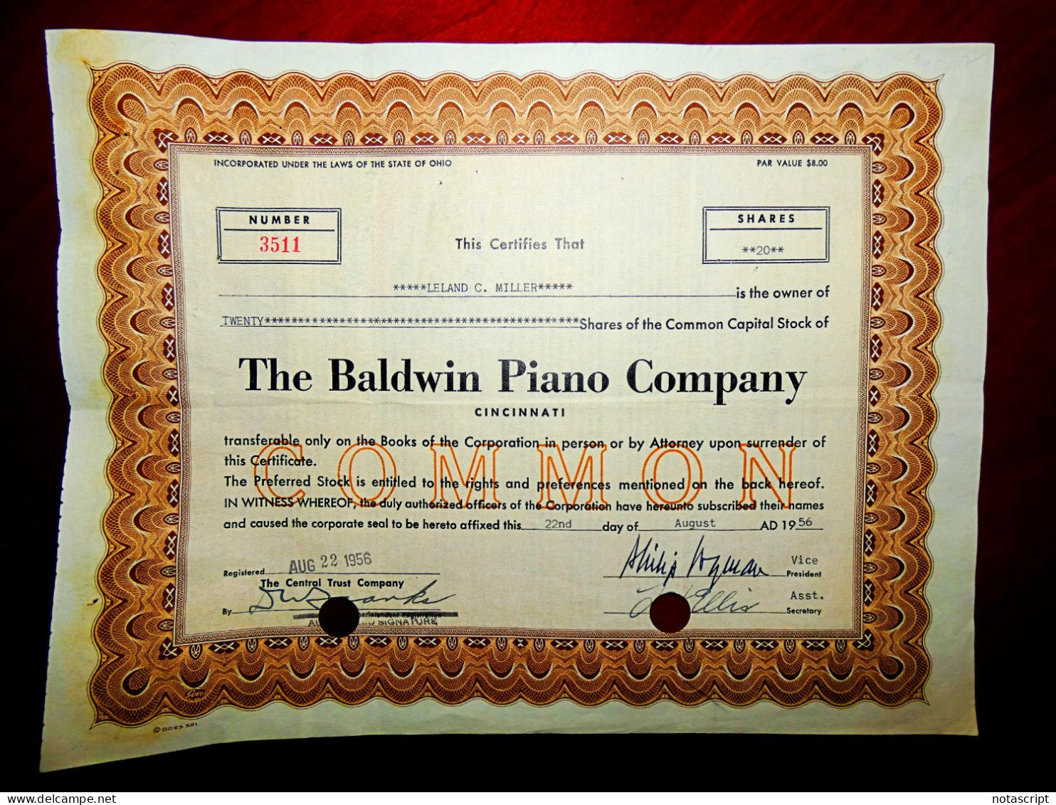 The Baldwin Piano Company  1955 -56 ,Ohio ,US  Share Certificate - Sonstige & Ohne Zuordnung