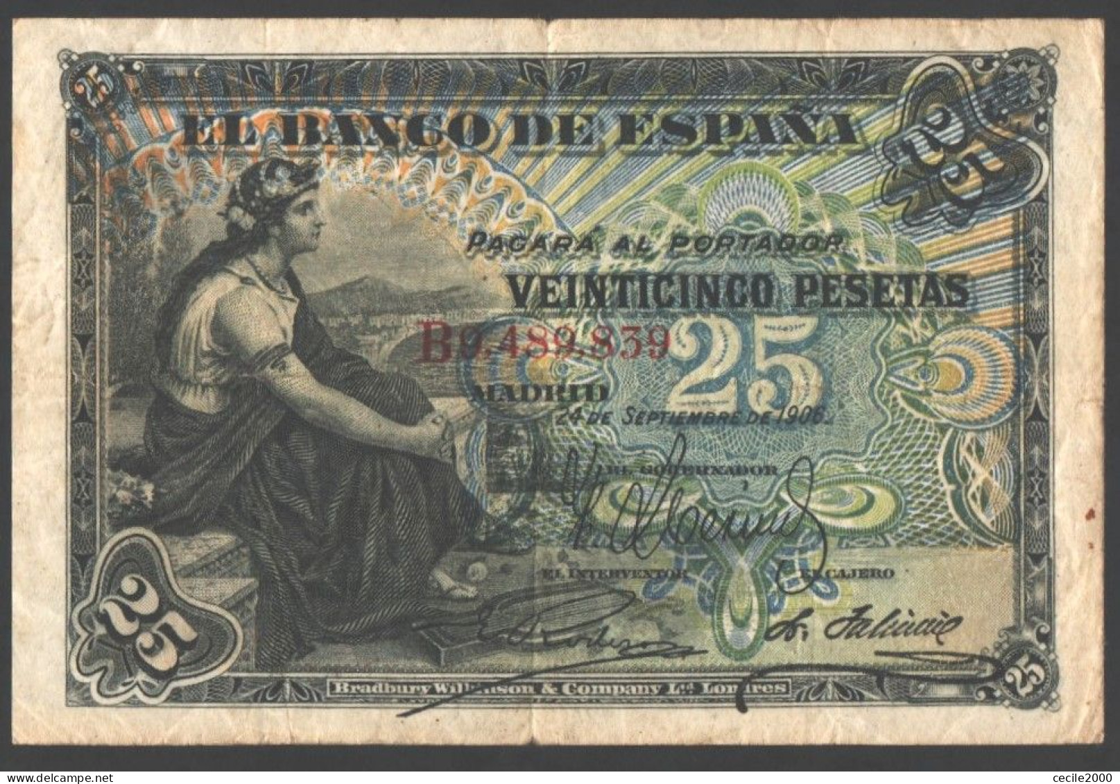 RARE SPAIN BANKNOTE 25 PESETAS 1906 VF BILLETE ESPAÑA ALEGORIAS *COMPRAS MULTIPLES CONSULTAR* - 50 Pesetas
