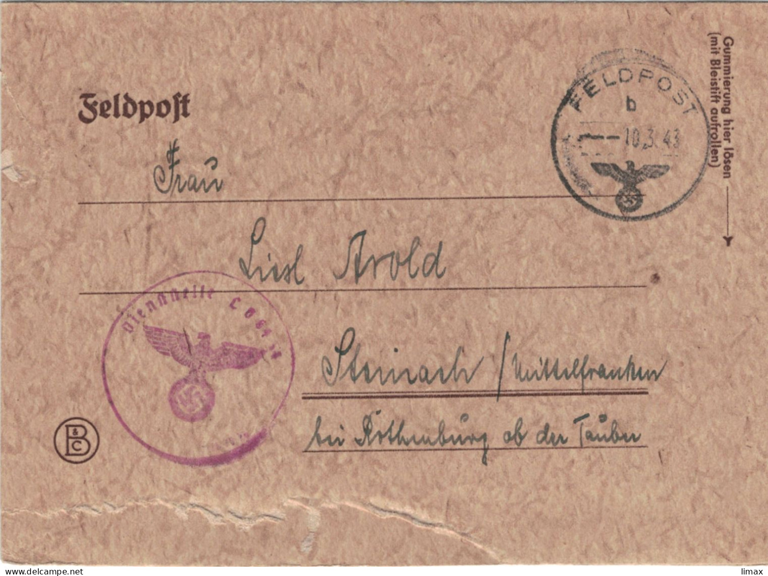 Feldpost Luftwaffe L68454 1943 > Arold Steinach Mittelfranken - Feldpost 2e Wereldoorlog