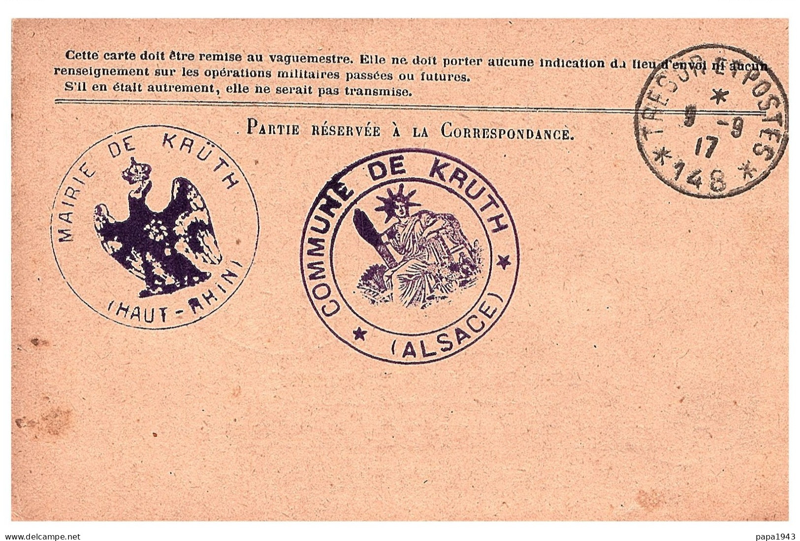 1917 DES ARMES DE LA REPUBLIQUE  Cachet " Mairie De KRUTH Haut Rhin " + Cachet " Commune De KRUTH ALSACE " - Cartas & Documentos