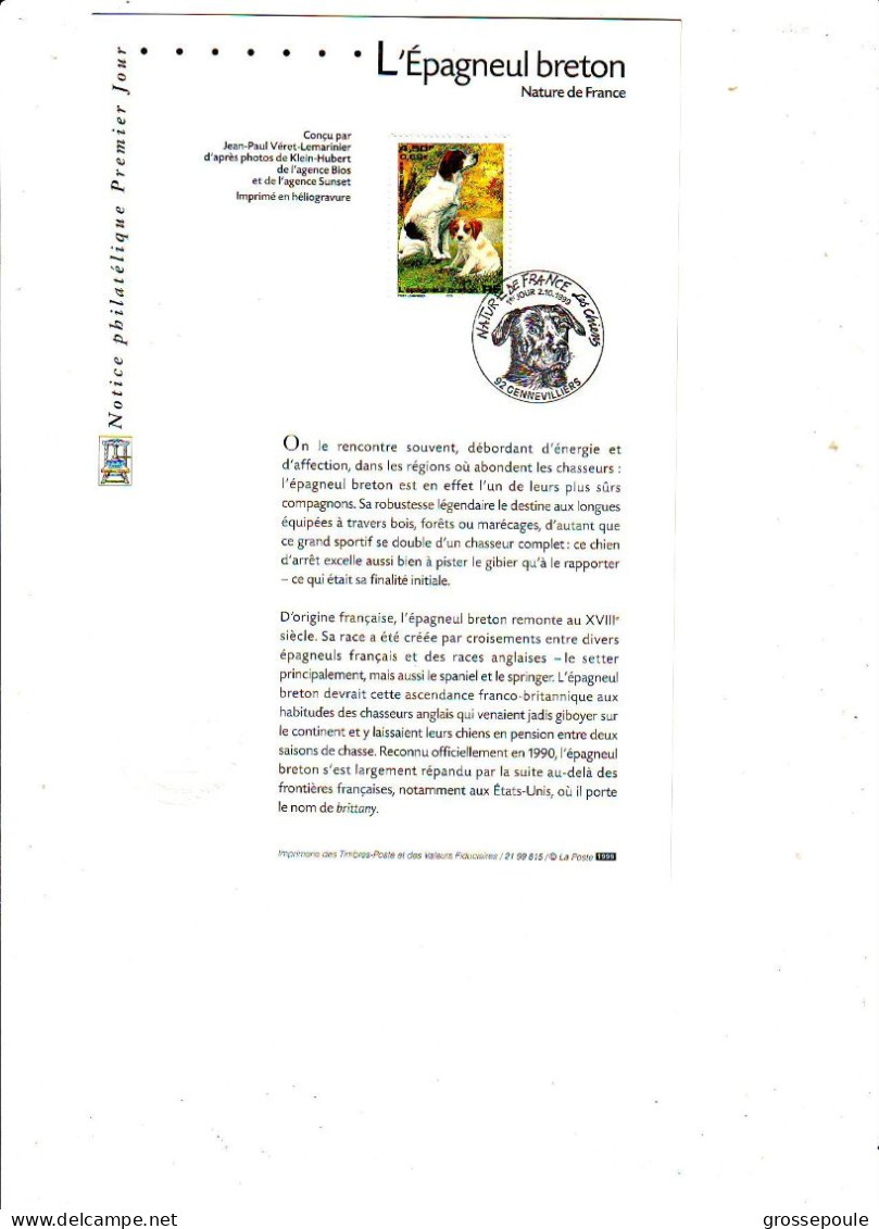 NOTICE PHILATELIQUE 1999 - NATURE DE FRANCE Les Chiens - EPAGNEUL BRETON - Documents Of Postal Services