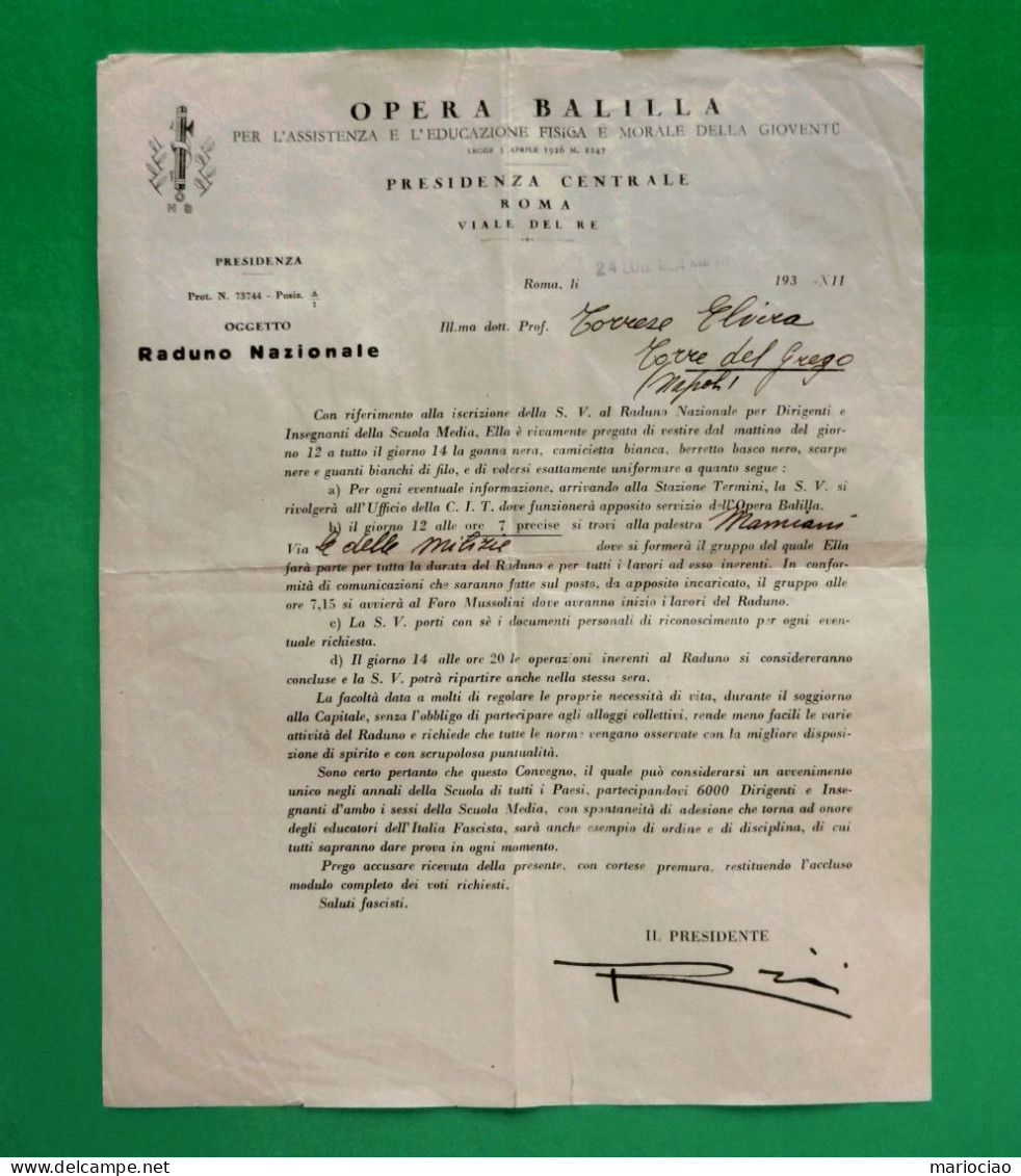 D-IT PNF 1934 Firma Autografa Del Ministro RENATO RICCI Su Lettera Intestata Opera Balilla - Documentos Históricos
