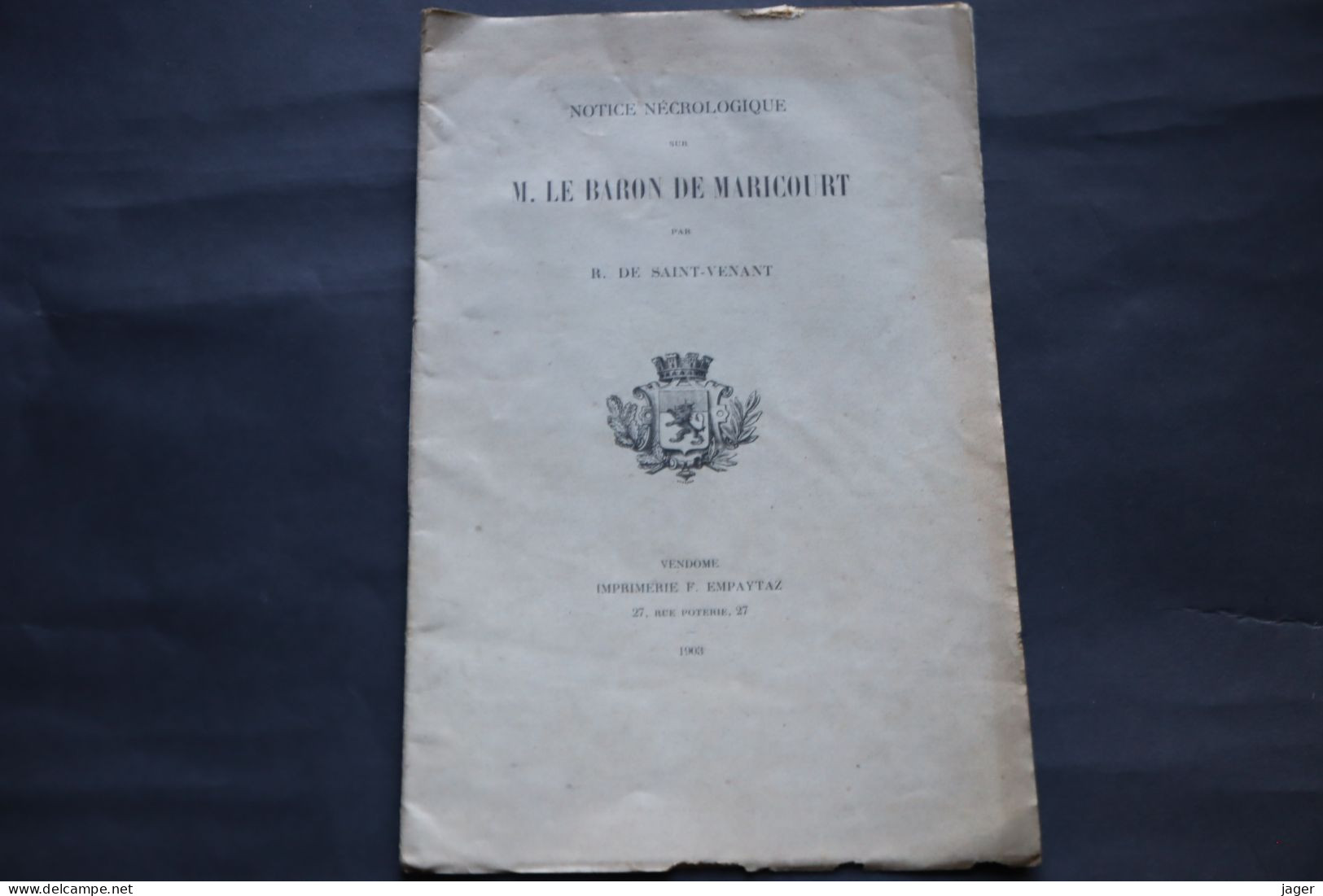 Notice Nécrologique  Sur Le Baron De Maricourt  Par R De Saint Venant - Historische Documenten