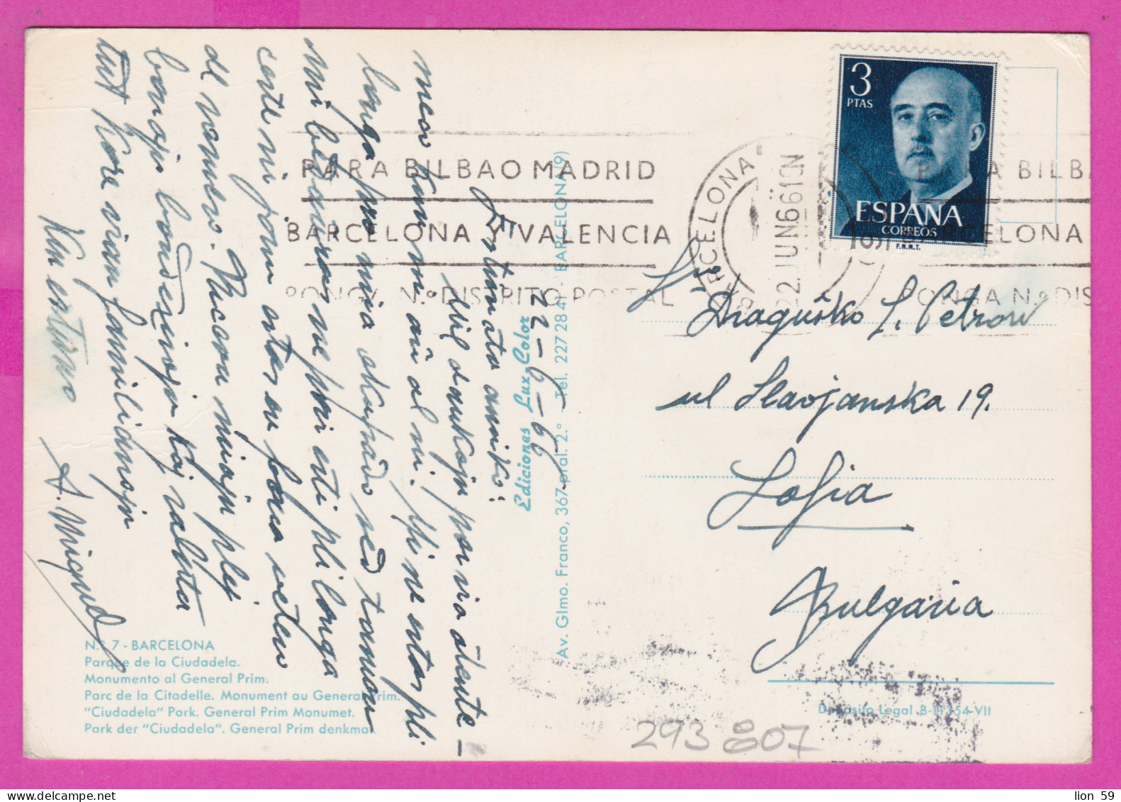 293807 / Spain - Barcelona Monument General Prim PC 1966 USED 3 Pta General Francisco Franco Flamme N° Distrito Postal - Briefe U. Dokumente