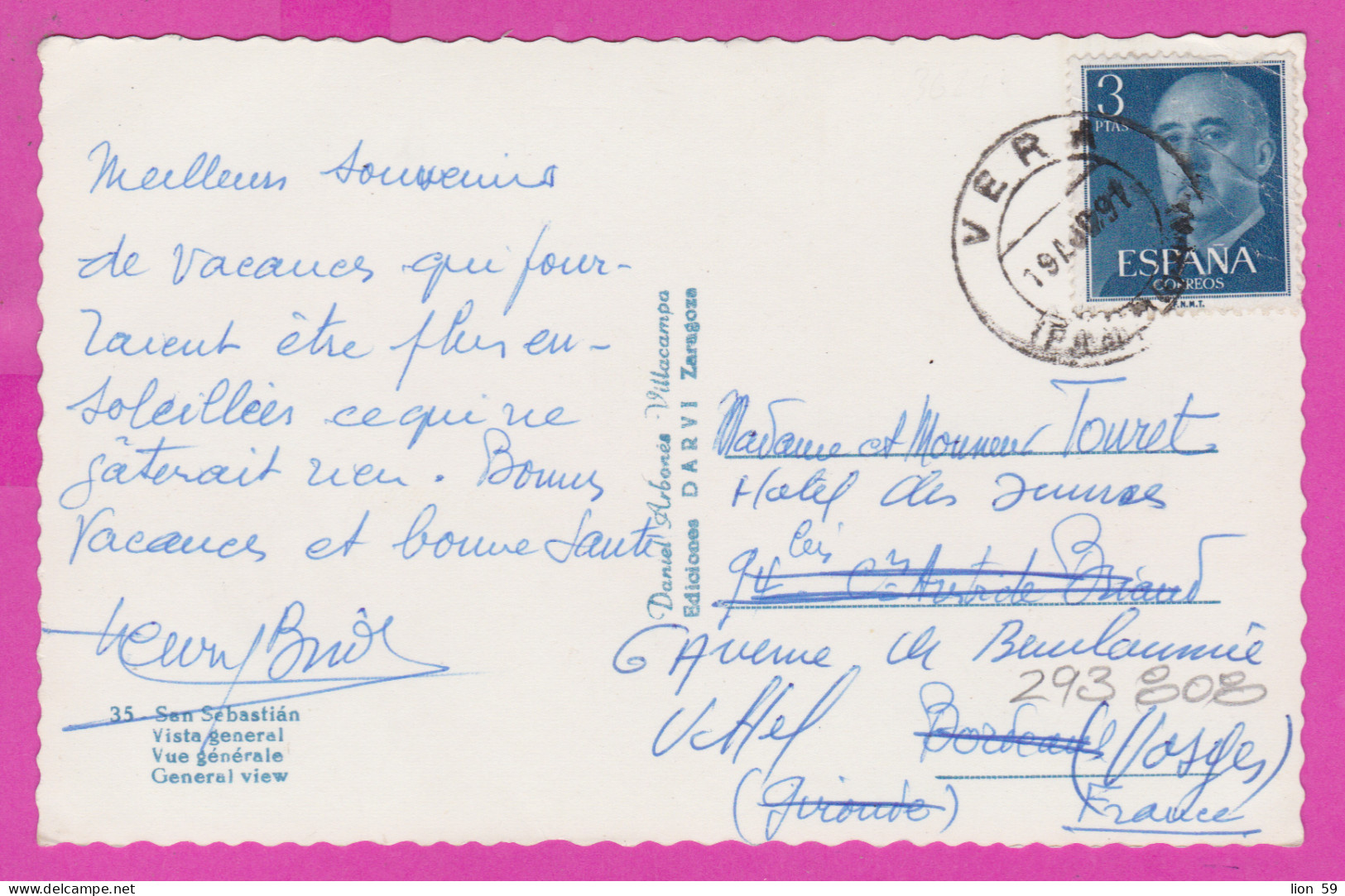 293808 / Spain - San Sebastián Bay Of Biscay  Vista General PC 1961 USED 3 Pta General Francisco Franco , Vera To France - Lettres & Documents