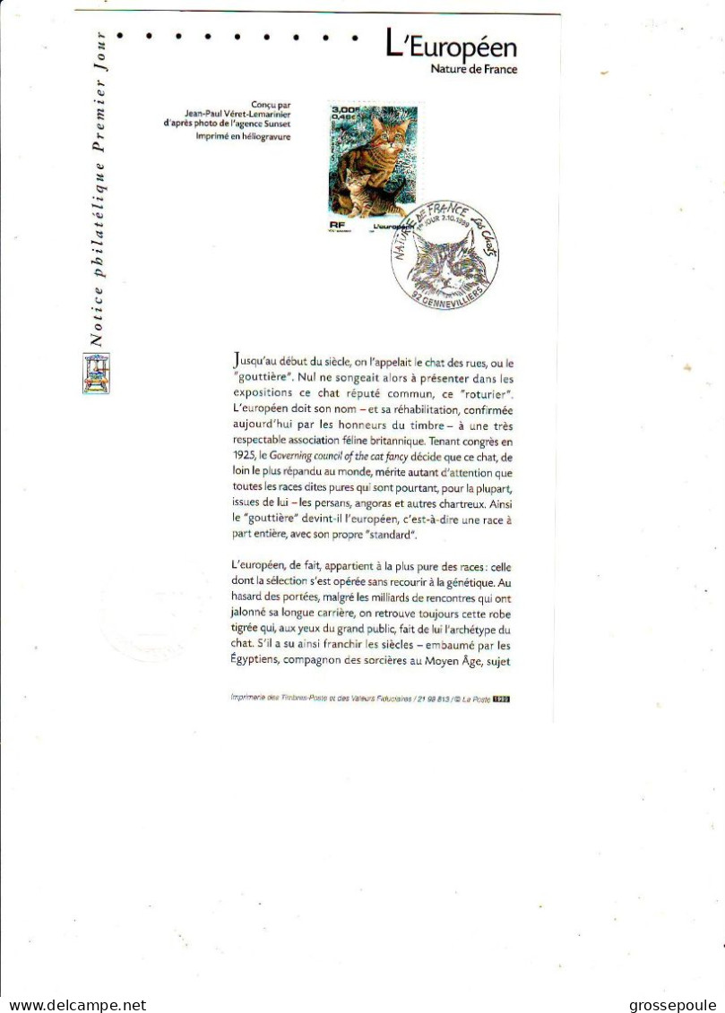 NOTICE PHILATELIQUE 1er Jour 1999 - NATURE DE FRANCE Les Chats - L' EUROPEEN - Documentos Del Correo