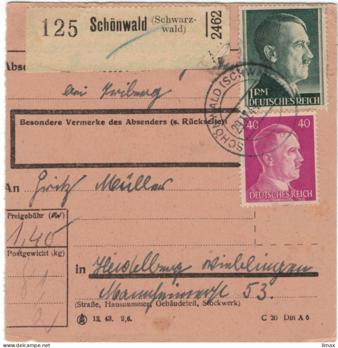 Paketkarte Schönwald Schwarzwald > Heidelberg 194? - Briefe U. Dokumente