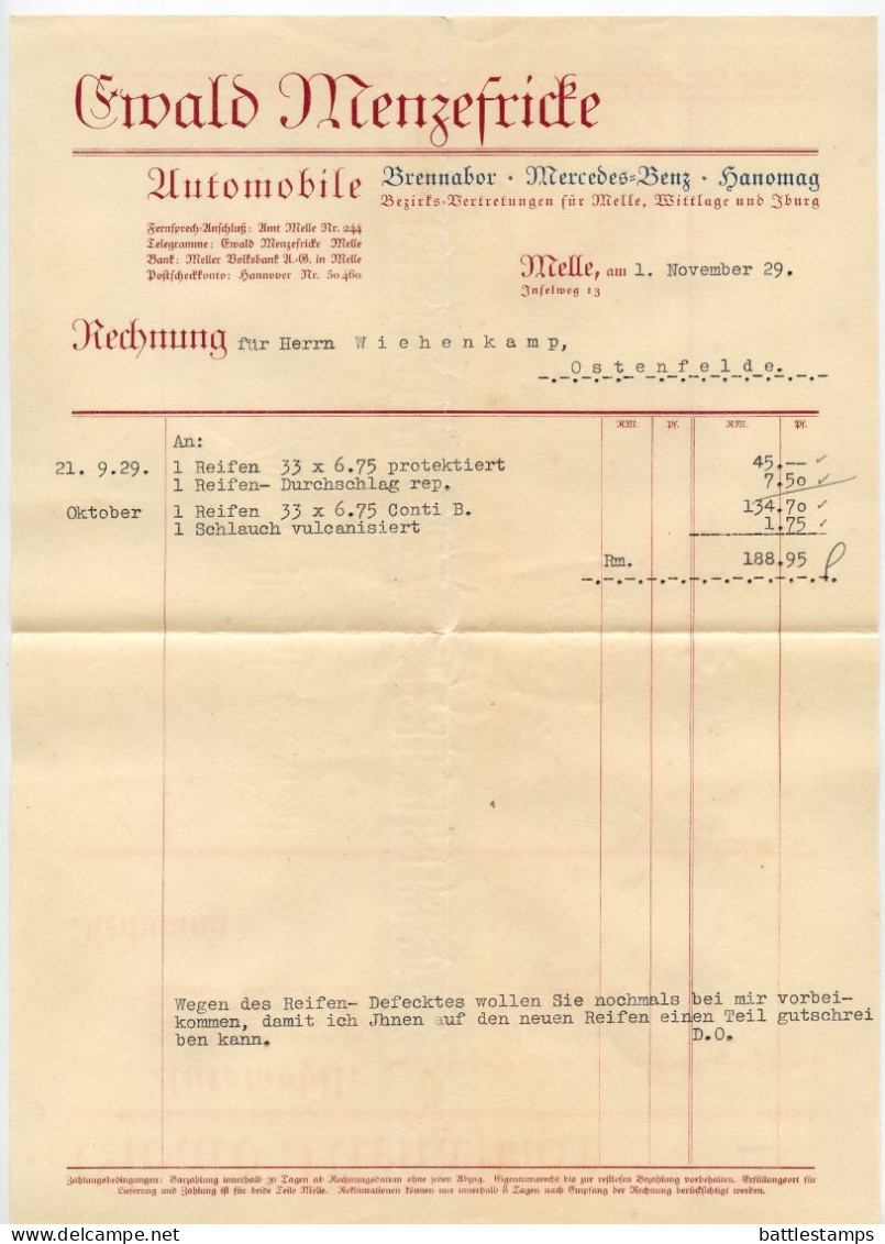 Germany 1929 Cover W/ Invoices & Receipts; Melle - Ewald Menzefricke, Automobile; 15pf. President Hindenburg - Covers & Documents