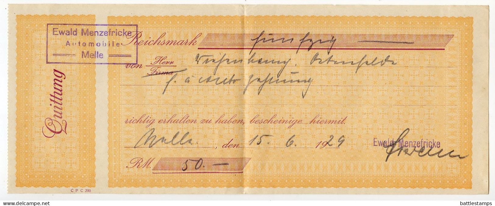 Germany 1929 Cover w/ Invoices & Receipts; Melle - Ewald Menzefricke, Automobile; 15pf. President Hindenburg
