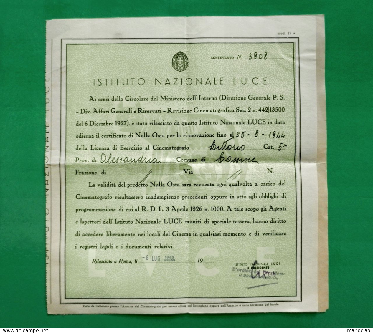 D-IT PNF ISTITUTO NAZIONALE LUCE Licenza Cinema A Cassine Alessandria - Historische Documenten