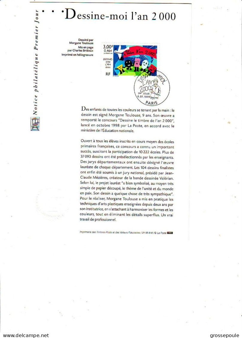 NOTICE PHILATELIQUE 1er Jour 1999 - Dessine-moi L'an 2000 - Paris - ( Enfants - Colombe ) - Documents Of Postal Services
