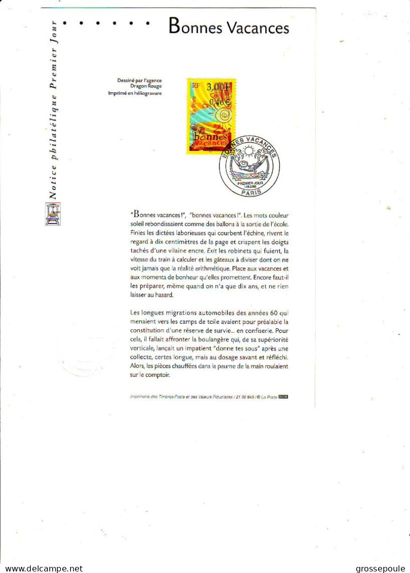 NOTICE PHILATELIQUE 1er Jour 2000 - BONNES VACANCES - ( Timbre - Palmier - Hamac - Soleil ) - Postdokumente
