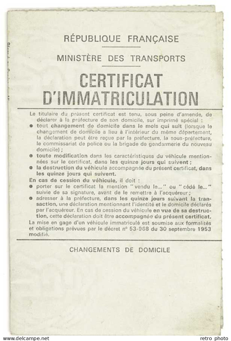 Carte Grise Barrée ( Certificat D'immatriculation ) Peugeot 504 - Non Classificati