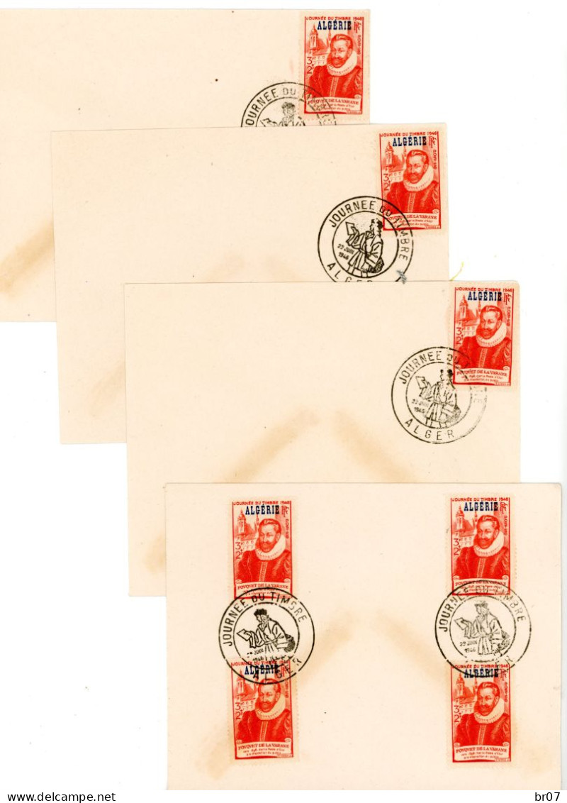 ALGERIE 4X ENV 1946 JOURNEE DU TIMBRE ALGER (6 TIMBRES JT) SCANS INDIVIDUELS (OREOLE GOMME VISIBLE SCANS) - Covers & Documents