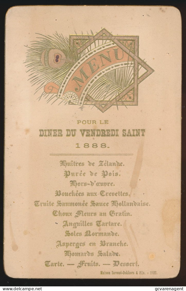 MENU      POUR LE DINER DU VENDREDI SAINT. 1888.    160 X 105 MM                     ZIE SCANS - Menú