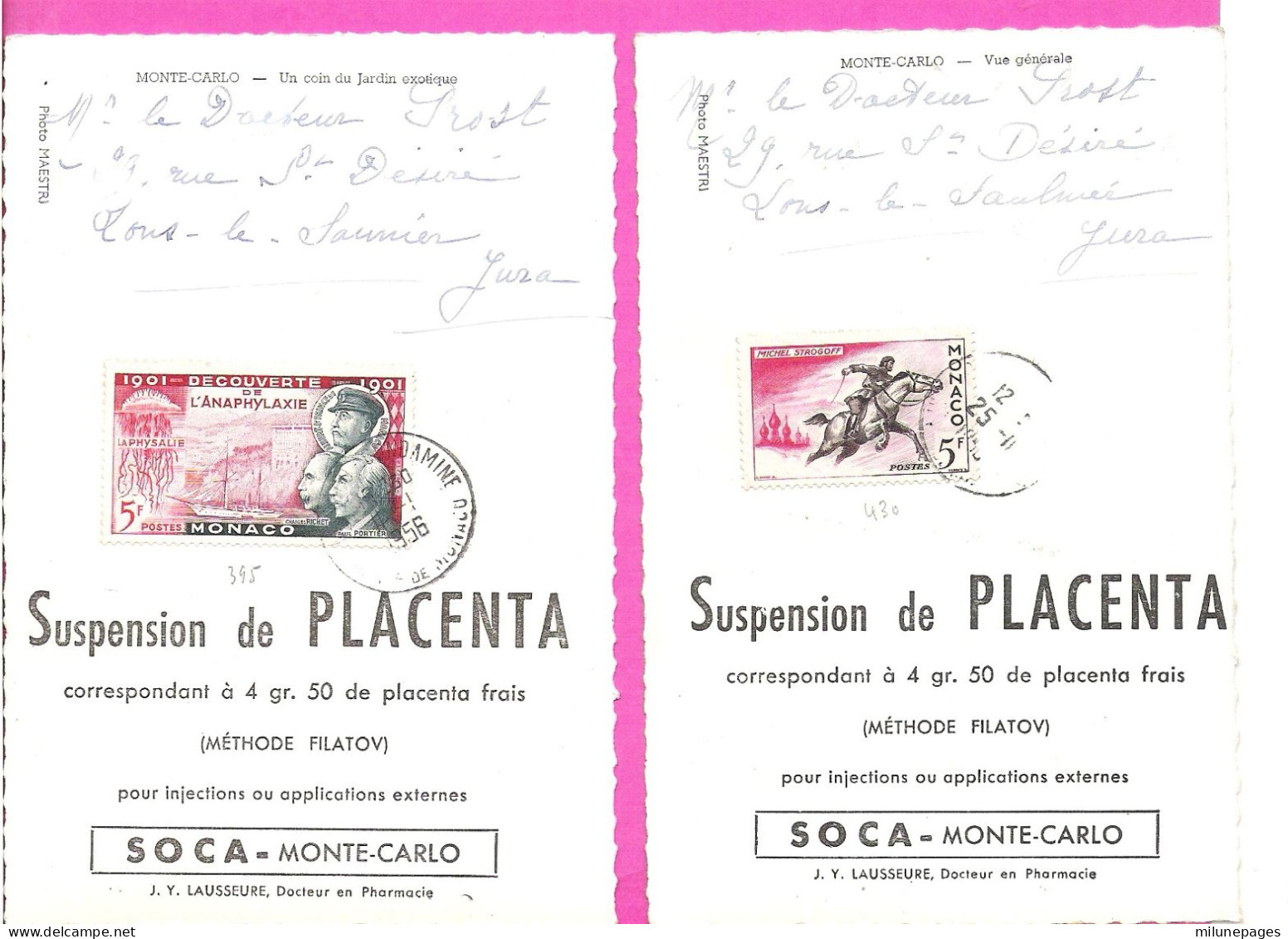 Lot 6 Cartes Publicitaires Laboratoire SOCA Monte-Carlo Avec Beaux Timbres Affranchis Monaco 1956 - Sammlungen & Lose