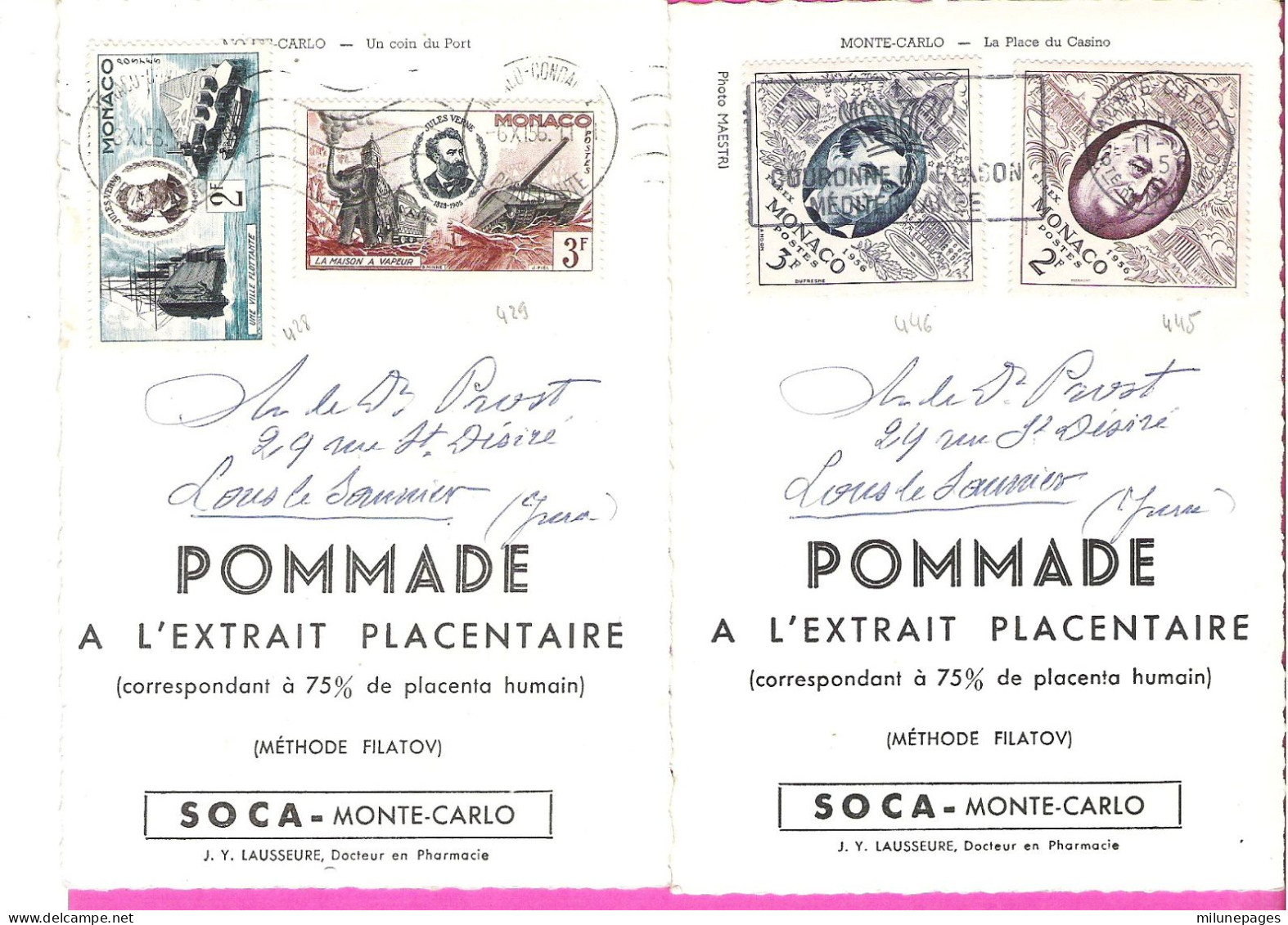 Lot 6 Cartes Publicitaires Laboratoire SOCA Monte-Carlo Avec Beaux Timbres Affranchis Monaco 1956 - Sammlungen & Lose