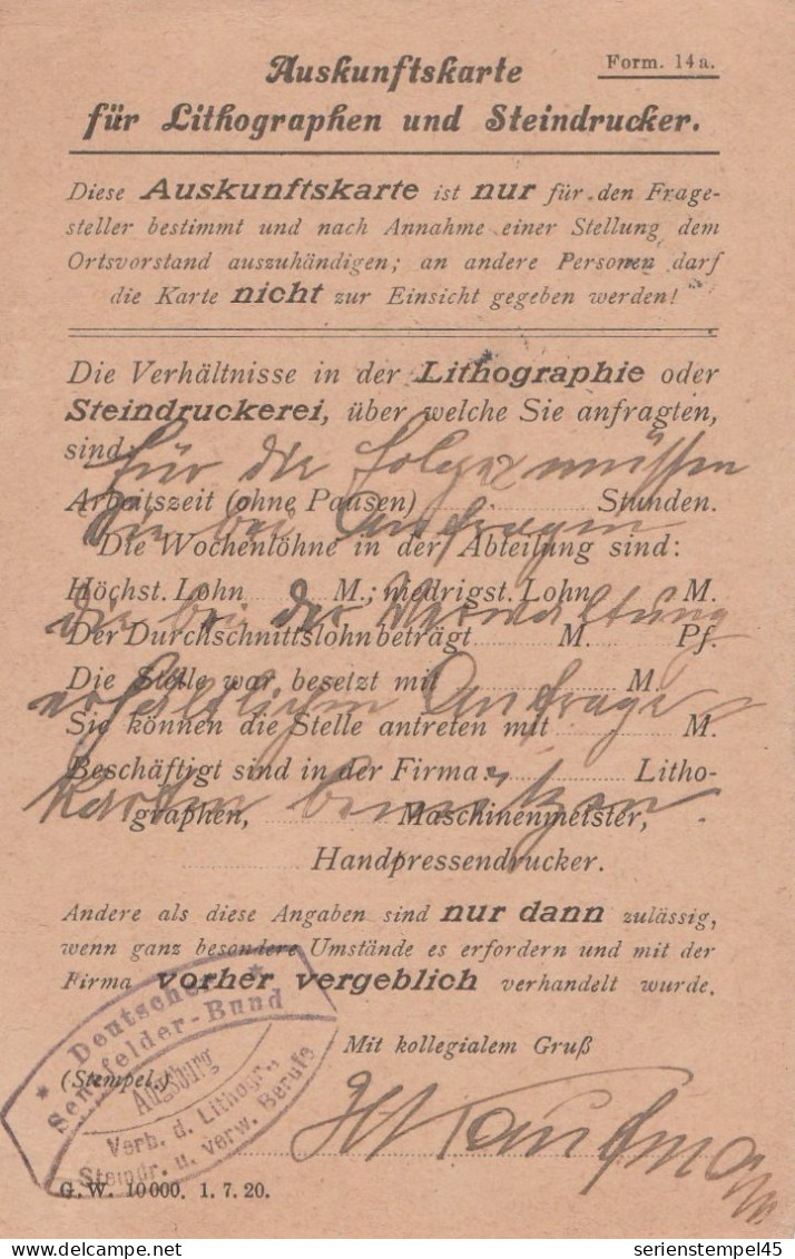 Deutsches Reich Firmenkarte Aus Augsburg 1924 Deutscher Senfelder Bund - Covers & Documents