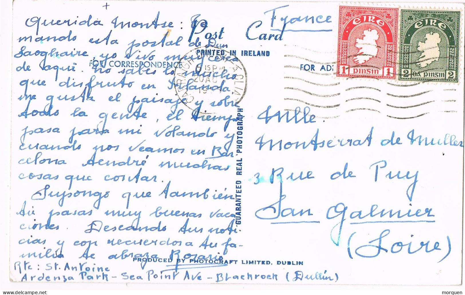 54975. Postal CARRAIGH DHUHB A CLIATH (Eure) Irlanda 1955. Vista Sandycove From Dunlaoghaire - Storia Postale