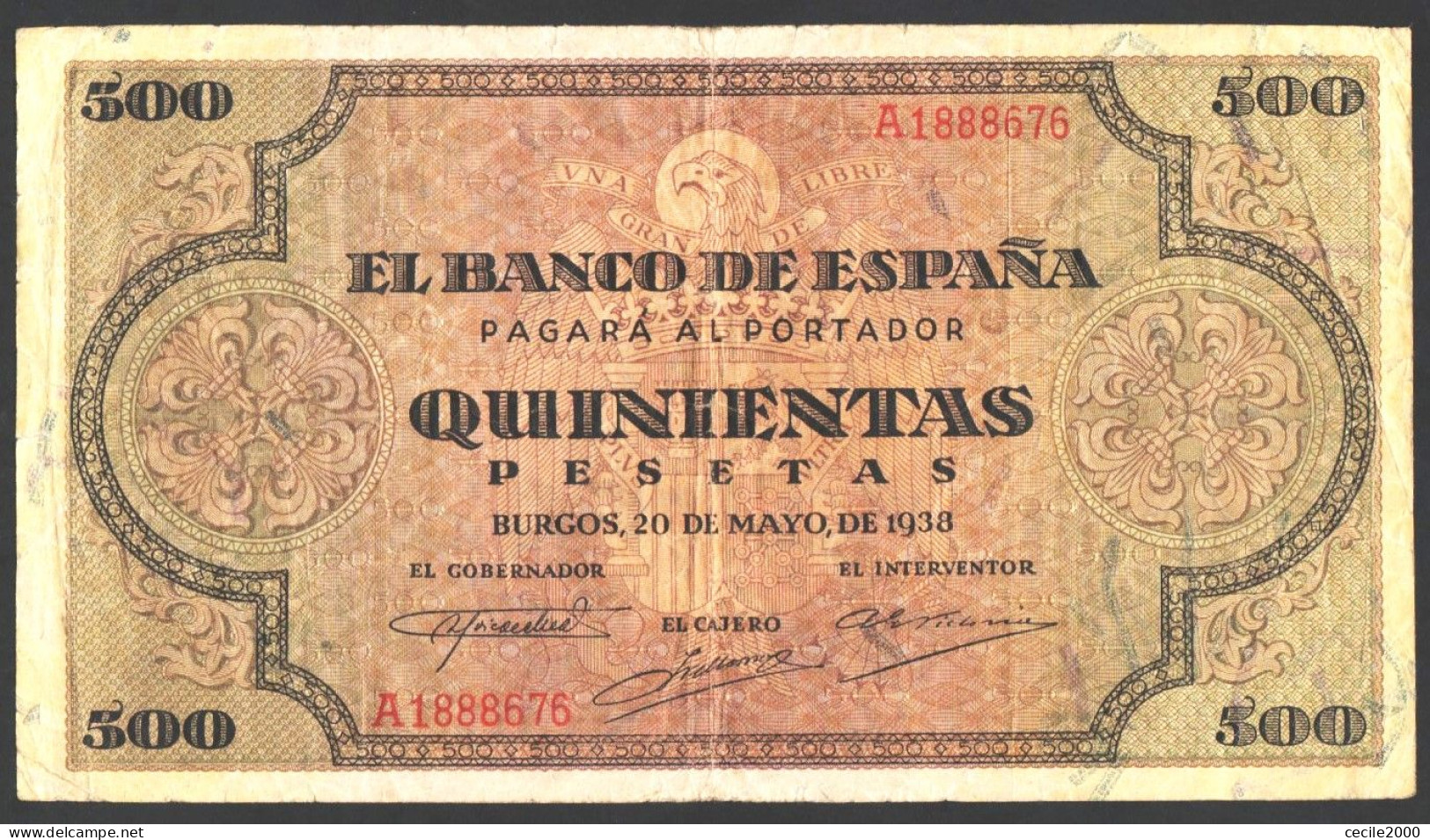 SCARCE BILLET ESPAGNE SPAIN BANKNOTE 500 PESETAS 1938 VF++ / BILLETE ESPAÑA BURGOS *COMPRAS MULTIPLES CONSULTAR* - 1000 Pesetas
