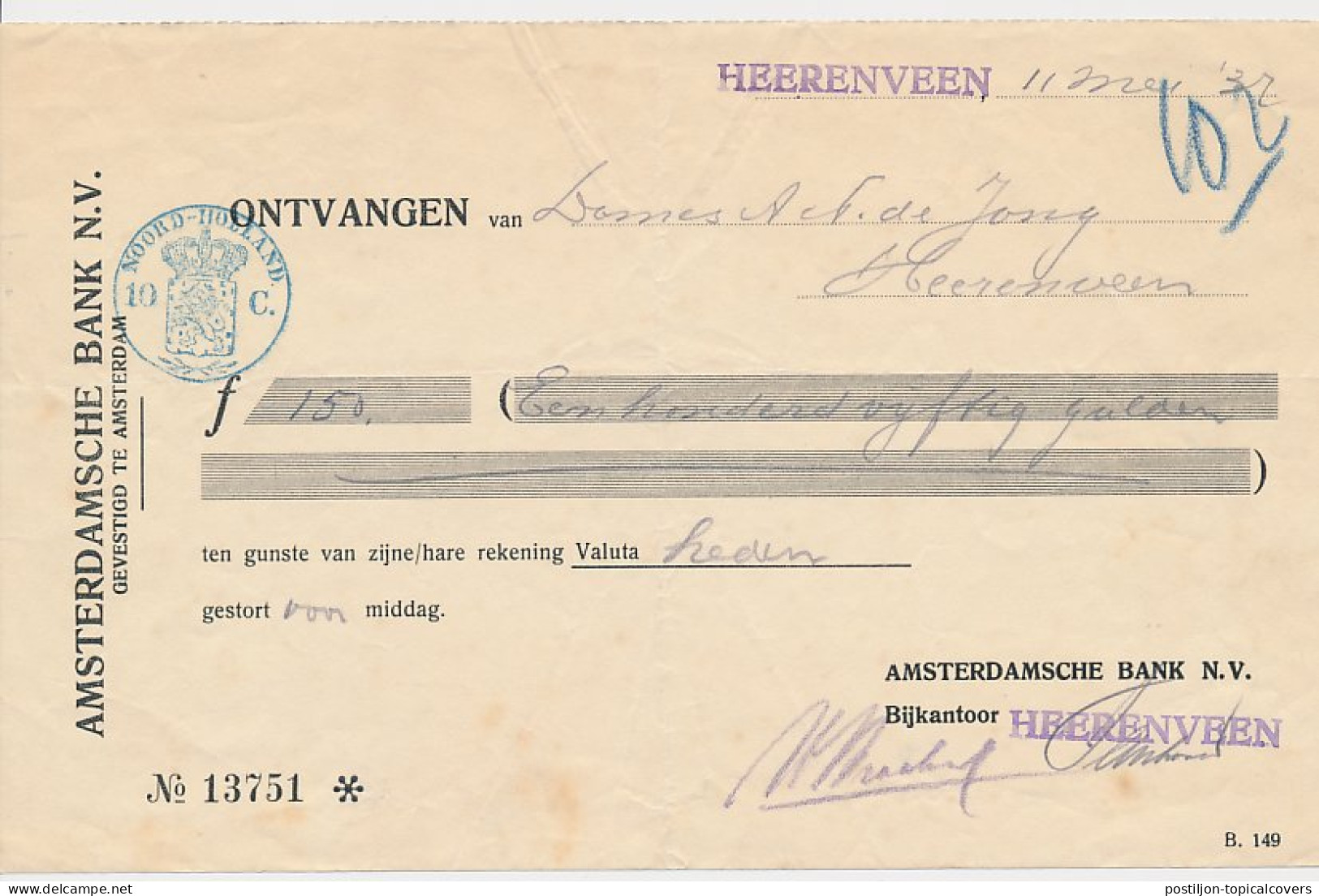 Fiscaal / Revenue - 10 C. Noord Holland - 1937 - Fiscaux