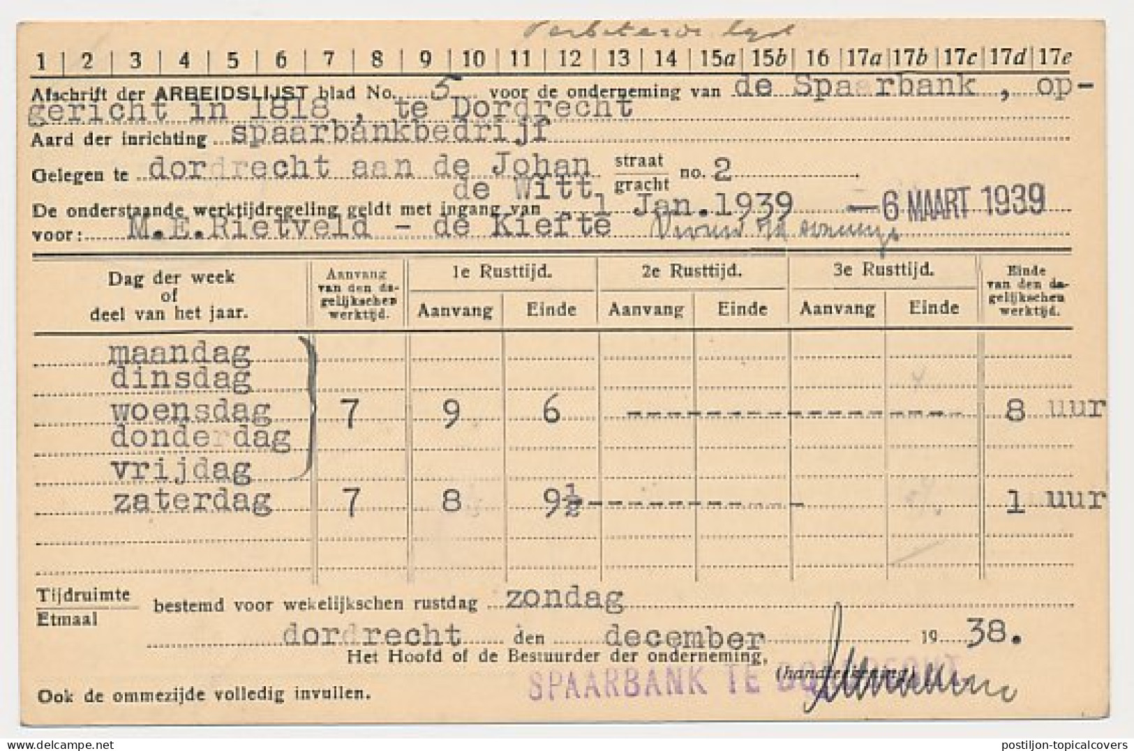 Arbeidslijst G. 18 Dordrecht - Rotterdam 1939 - Entiers Postaux
