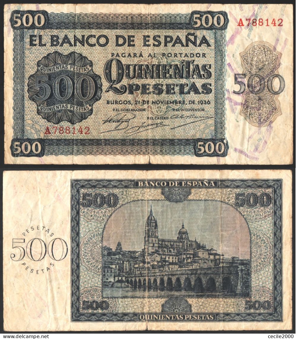 SCARCE BILLET ESPAGNE SPAIN BANKNOTE 500 PESETAS 1936 VF+ / BILLETE ESPAÑA BURGOS  *COMPRAS MULTIPLES CONSULTAR* - 1000 Pesetas