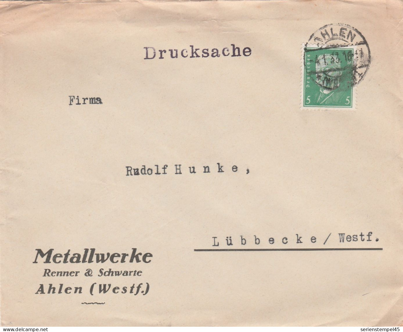 Deutsches Reich Firmenbrief Drucksache Ahlen 1933 Metallwerke Renner & Schwarte Ahlen Westfalen - Covers & Documents
