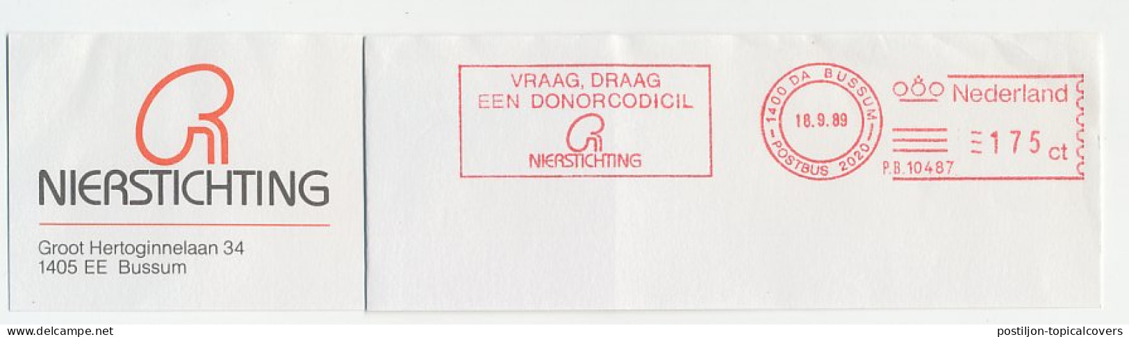Meter Top Cut Netherlands 1989 Donor Codicil - Kidney Foundation - Otros & Sin Clasificación