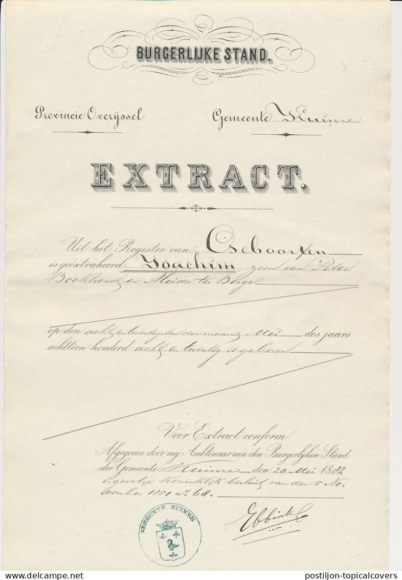 Extract Burgerlijke Stand - Kuinre 1882 - Fiscale Zegels