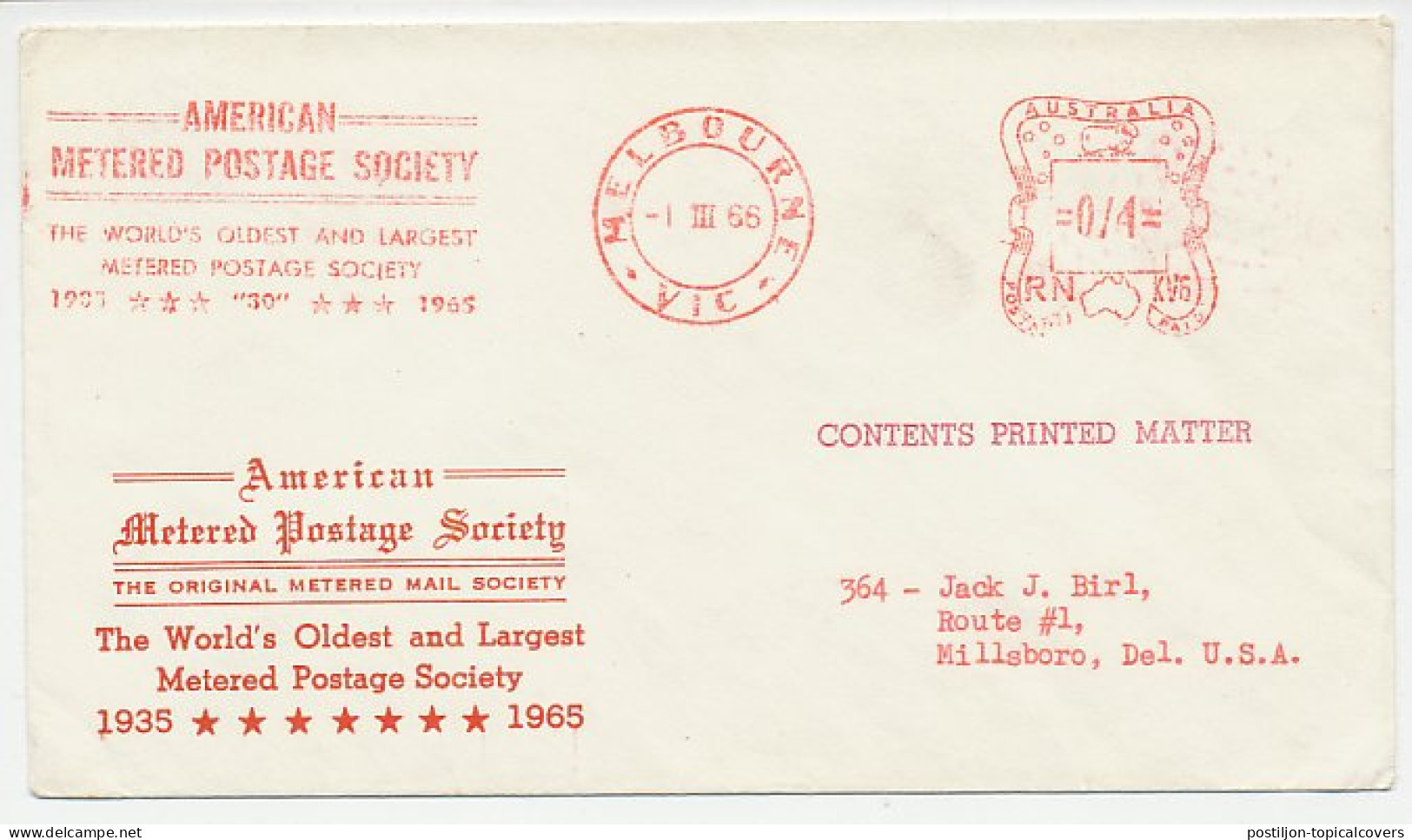 Meter Cover Australia 1966 American Metered Postage Society - Timbres De Distributeurs [ATM]