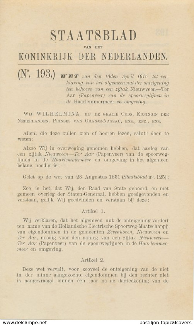 Staatsblad 1915 : Spoorlijn Nieuwveen - Ter Aar - Documenti Storici