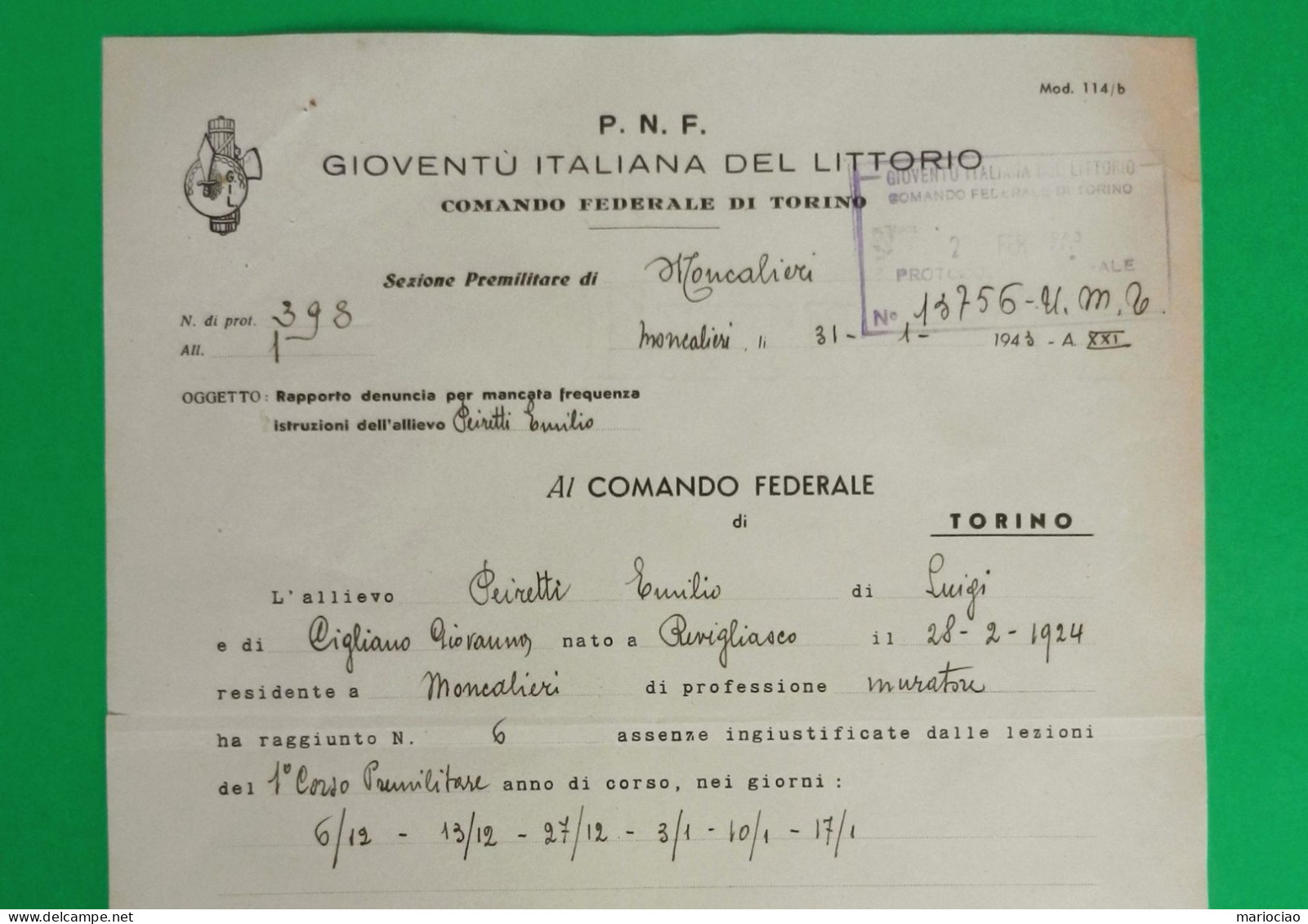 D-IT PNF Moncalieri Torino 1943 Gioventù Italiana Del Littorio Rapporto ASSENTEISMO Politico-Militare - Historical Documents
