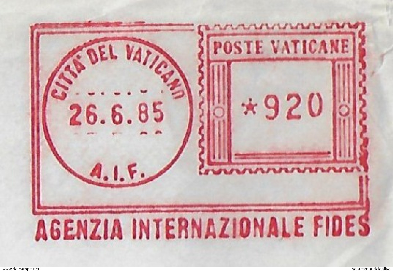 Vatican 1985 Cover Sent To Brazil With Meter Stamp Lirma Slogan Agenzia Internazionale Fides International Faith Agency - Covers & Documents