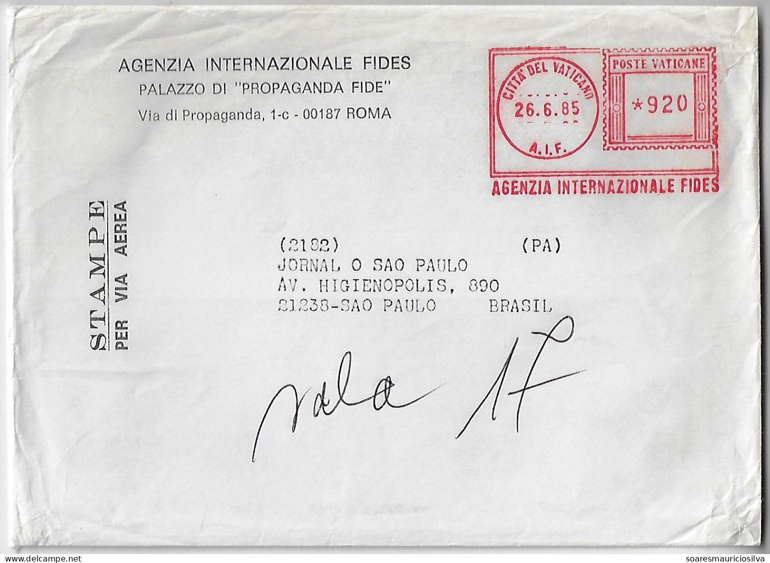 Vatican 1985 Cover Sent To Brazil With Meter Stamp Lirma Slogan Agenzia Internazionale Fides International Faith Agency - Covers & Documents