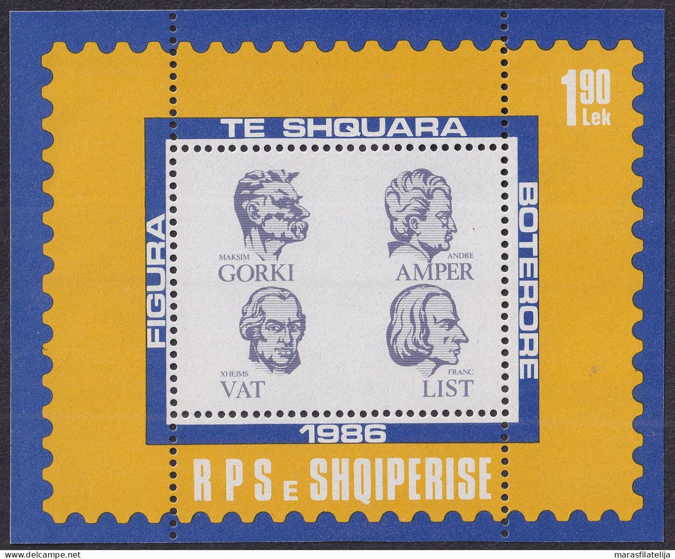 Albania, 1986, Maxim Gorky, André-Marie Ampère, Franz Listz, James Watt, Souvenir Sheet - Albania
