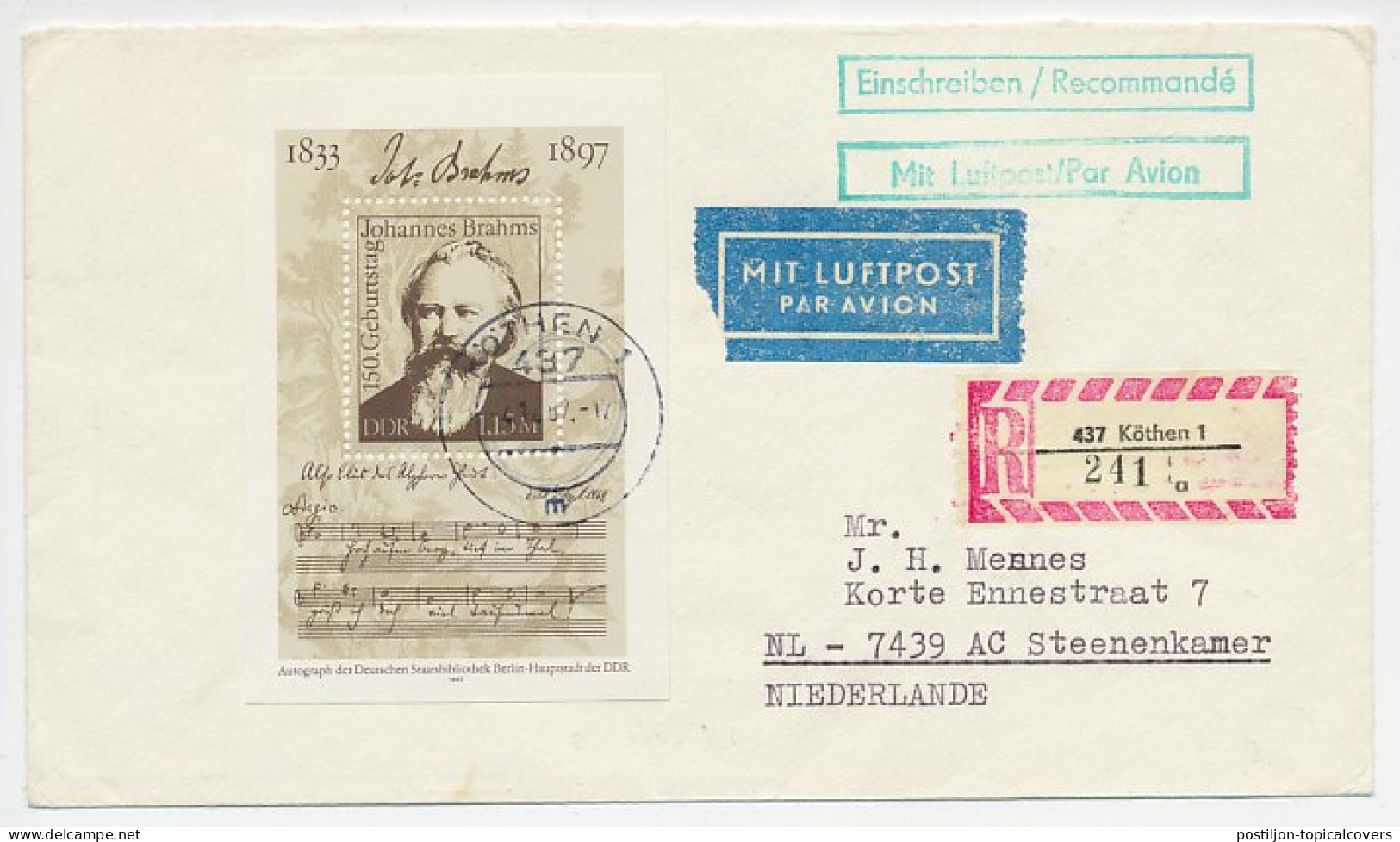Registered Cover Germany / DDR 1987 Johannes Brahms - Composer  - Musique