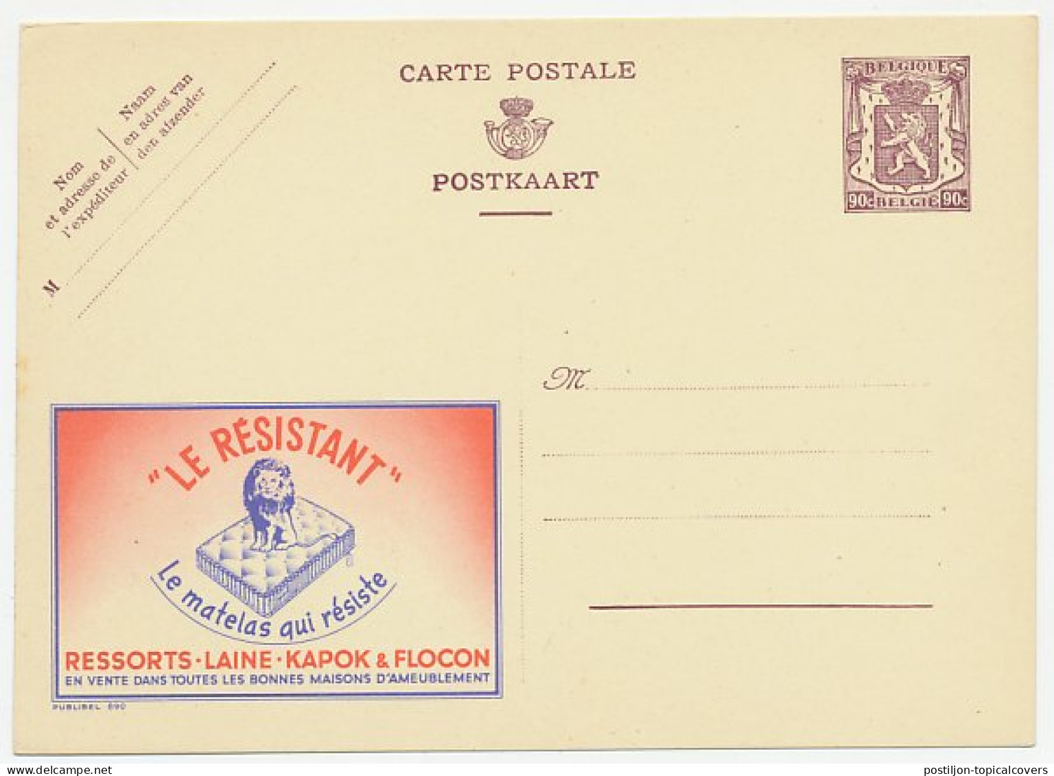 Publibel - Postal Stationery Belgium 1948 Mattress - Bed - Lion  - Unclassified