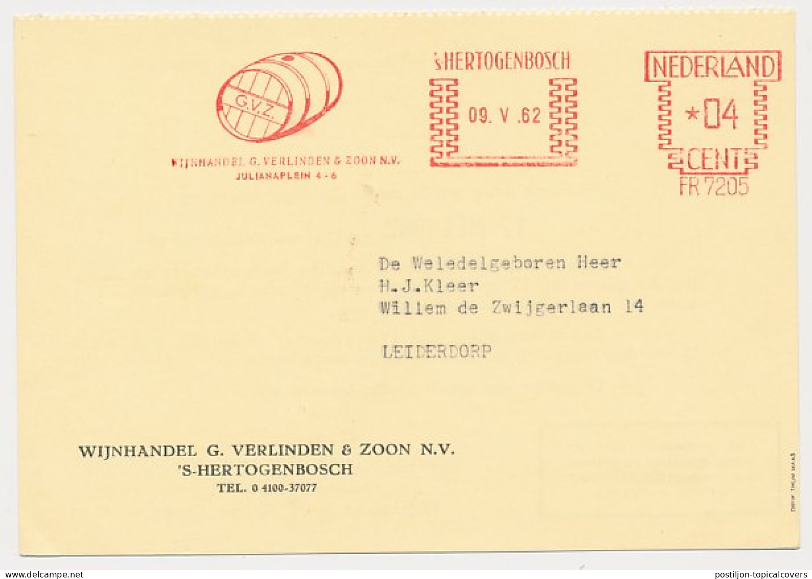 Meter Card Netherlands 1962 Wine Barrel - Wines & Alcohols